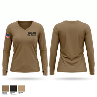 Womens Long Sleeve Vneck Shirt, 286th MD “Big Dawgs”, Army, Teamtime, Team time, sublimation, custom sports apparel, team uniforms, spirit wear, spiritwear, sports uniforms, custom shirts, team store, custom team store, fundraiser sports, apparel fundraiser