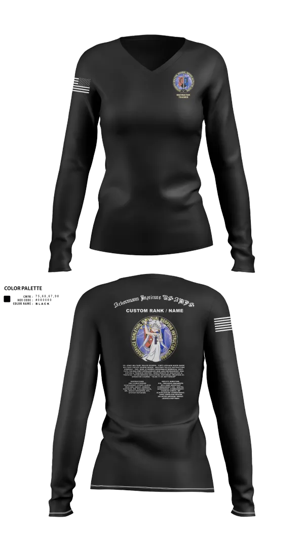 Womens Long Sleeve Vneck Shirt, Fort Leonard Wood Basic Military Police Schoolhouse Instructors & Faculty, , Teamtime, Team time, sublimation, custom sports apparel, team uniforms, spirit wear, spiritwear, sports uniforms, custom shirts, team store, custom team store, fundraiser sports, apparel fundraiser