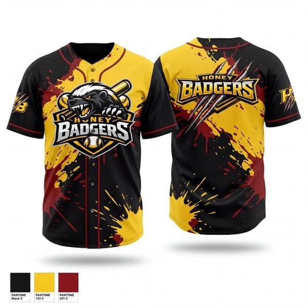 Full Button Baseball Jersey, Honey Badgers, Baseball, Teamtime, Team time, sublimation, custom sports apparel, team uniforms, spirit wear, spiritwear, sports uniforms, custom shirts, team store, custom team store, fundraiser sports, apparel fundraiser
