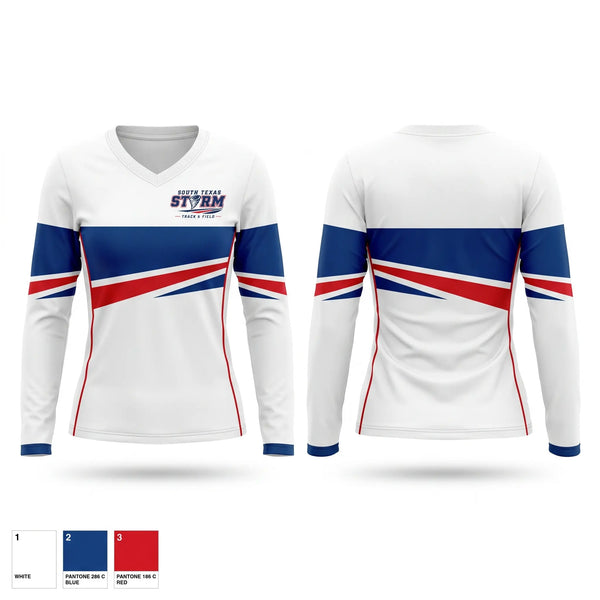 Womens Long Sleeve Vneck Shirt, SOUTH TEXAS STORM, Track & Field, Teamtime, Team time, sublimation, custom sports apparel, team uniforms, spirit wear, spiritwear, sports uniforms, custom shirts, team store, custom team store, fundraiser sports, apparel fundraiser
