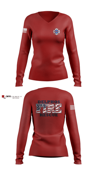 Womens Long Sleeve Vneck Shirt, Delphos, Fire Department, Teamtime, Team time, sublimation, custom sports apparel, team uniforms, spirit wear, spiritwear, sports uniforms, custom shirts, team store, custom team store, fundraiser sports, apparel fundraiser