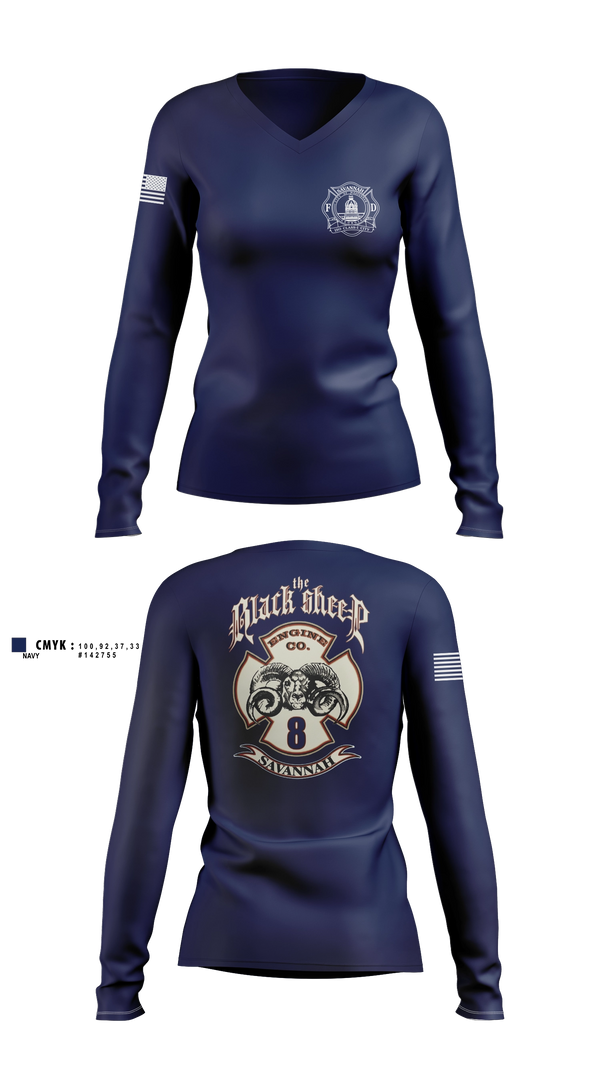 Womens Long Sleeve Vneck Shirt, Engine 8, Fire Department, Teamtime, Team time, sublimation, custom sports apparel, team uniforms, spirit wear, spiritwear, sports uniforms, custom shirts, team store, custom team store, fundraiser sports, apparel fundraiser