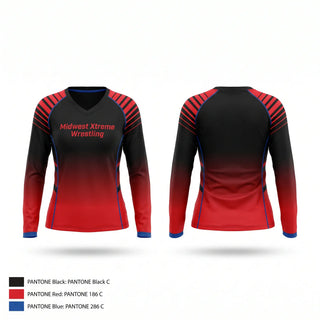Womens Long Sleeve Vneck Shirt, Midwest Xtreme Wrestling, Wrestling, Teamtime, Team time, sublimation, custom sports apparel, team uniforms, spirit wear, spiritwear, sports uniforms, custom shirts, team store, custom team store, fundraiser sports, apparel fundraiser
