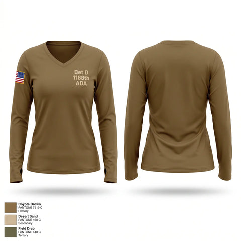 Womens Long Sleeve Vneck Shirt, Det. D. 1-188th ADA, National Guard, Teamtime, Team time, sublimation, custom sports apparel, team uniforms, spirit wear, spiritwear, sports uniforms, custom shirts, team store, custom team store, fundraiser sports, apparel fundraiser