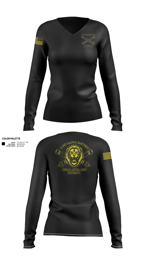 Womens Long Sleeve Vneck Shirt, 1-487 Alpha Battery Field Artillery, National Guard, Teamtime, Team time, sublimation, custom sports apparel, team uniforms, spirit wear, spiritwear, sports uniforms, custom shirts, team store, custom team store, fundraiser sports, apparel fundraiser