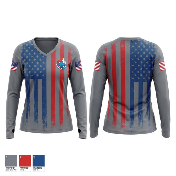 Womens Long Sleeve Vneck Shirt, Valor Medics, EMS/EMT, Teamtime, Team time, sublimation, custom sports apparel, team uniforms, spirit wear, spiritwear, sports uniforms, custom shirts, team store, custom team store, fundraiser sports, apparel fundraiser