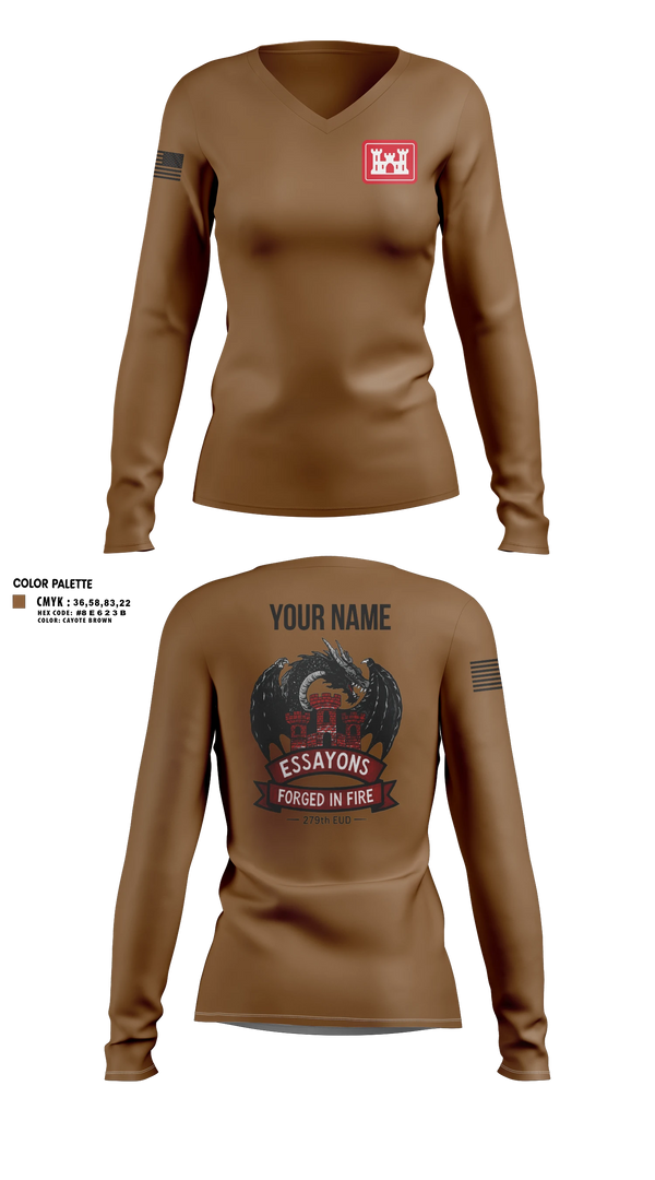 Womens Long Sleeve Vneck Shirt, 279 EN DET, Army, Teamtime, Team time, sublimation, custom sports apparel, team uniforms, spirit wear, spiritwear, sports uniforms, custom shirts, team store, custom team store, fundraiser sports, apparel fundraiser