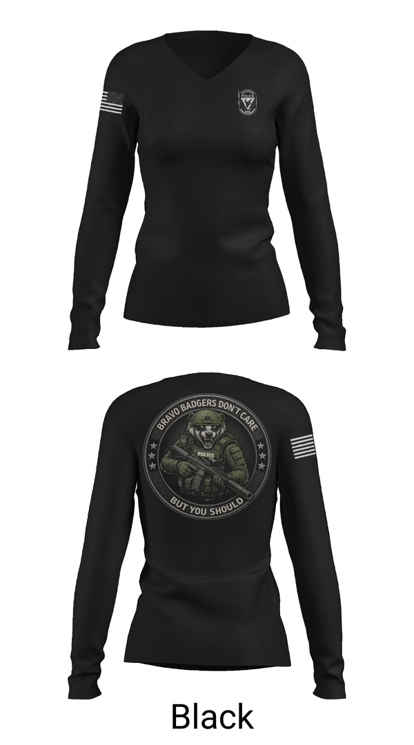 Womens Long Sleeve Vneck Shirt, Saginaw Police Emergency Services Team, Police, Teamtime, Team time, sublimation, custom sports apparel, team uniforms, spirit wear, spiritwear, sports uniforms, custom shirts, team store, custom team store, fundraiser sports, apparel fundraiser