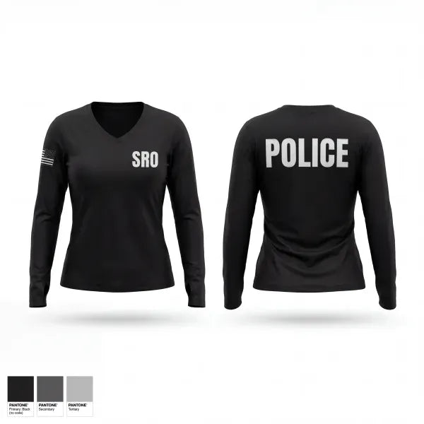 Womens Long Sleeve Vneck Shirt, School Resource Officer, Police, Teamtime, Team time, sublimation, custom sports apparel, team uniforms, spirit wear, spiritwear, sports uniforms, custom shirts, team store, custom team store, fundraiser sports, apparel fundraiser