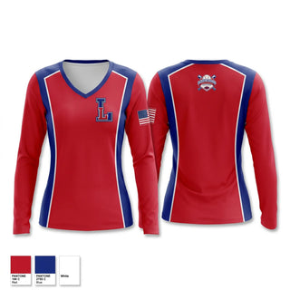 Womens Long Sleeve Vneck Shirt, Lakewood Youth Baseball Association, Baseball, Teamtime, Team time, sublimation, custom sports apparel, team uniforms, spirit wear, spiritwear, sports uniforms, custom shirts, team store, custom team store, fundraiser sports, apparel fundraiser