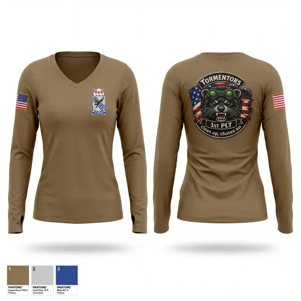Womens Long Sleeve Vneck Shirt, A CO 2-505, Army, Teamtime, Team time, sublimation, custom sports apparel, team uniforms, spirit wear, spiritwear, sports uniforms, custom shirts, team store, custom team store, fundraiser sports, apparel fundraiser