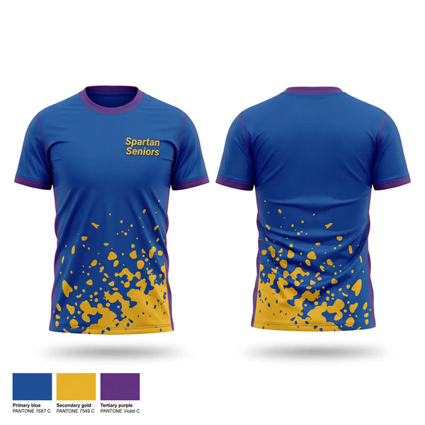 Soft Poly Tee Cotton Like Feel, Spartan Seniors, Cross Country, Teamtime, Team time, sublimation, custom sports apparel, team uniforms, spirit wear, spiritwear, sports uniforms, custom shirts, team store, custom team store, fundraiser sports, apparel fundraiser