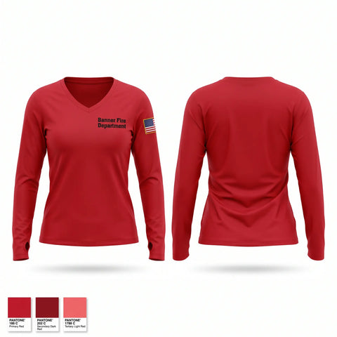 Womens Long Sleeve Vneck Shirt, Banner Fire Department, Fire Department, Teamtime, Team time, sublimation, custom sports apparel, team uniforms, spirit wear, spiritwear, sports uniforms, custom shirts, team store, custom team store, fundraiser sports, apparel fundraiser