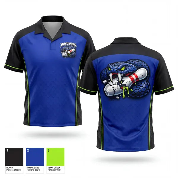 Short Sleeve Bowling Jersey, Pin vipers, Bowling, Teamtime, Team time, sublimation, custom sports apparel, team uniforms, spirit wear, spiritwear, sports uniforms, custom shirts, team store, custom team store, fundraiser sports, apparel fundraiser