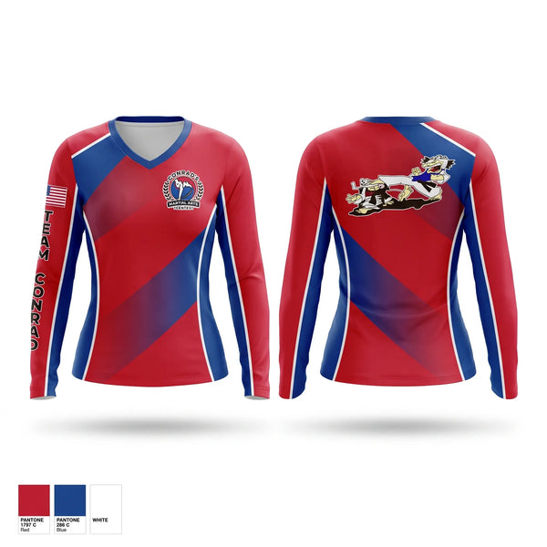 Womens Long Sleeve Vneck Shirt, Conrad’s Martial Arts Center, , Teamtime, Team time, sublimation, custom sports apparel, team uniforms, spirit wear, spiritwear, sports uniforms, custom shirts, team store, custom team store, fundraiser sports, apparel fundraiser