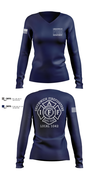Womens Long Sleeve Vneck Shirt, Greenwich Fire Local 1042, Fire Department, Teamtime, Team time, sublimation, custom sports apparel, team uniforms, spirit wear, spiritwear, sports uniforms, custom shirts, team store, custom team store, fundraiser sports, apparel fundraiser