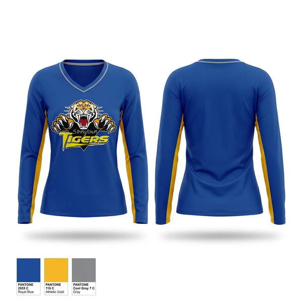 Womens Long Sleeve Vneck Shirt, Stringtown Tigers, Women's Basketball, Teamtime, Team time, sublimation, custom sports apparel, team uniforms, spirit wear, spiritwear, sports uniforms, custom shirts, team store, custom team store, fundraiser sports, apparel fundraiser