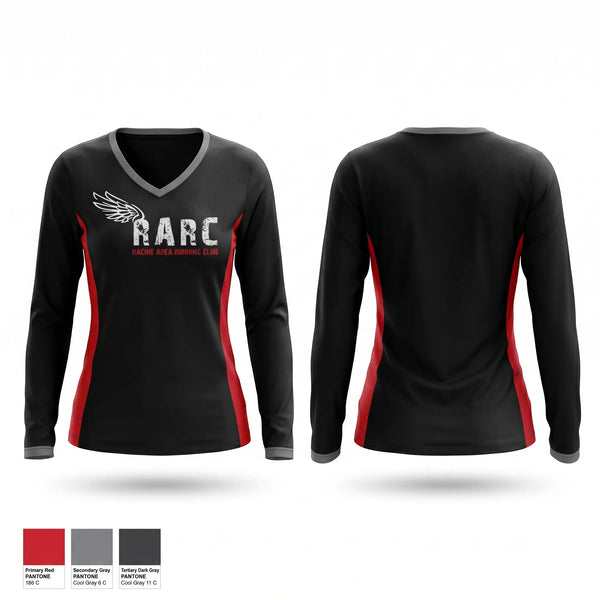 Womens Long Sleeve Vneck Shirt, Racine Area Running Club, Spirit Store, Teamtime, Team time, sublimation, custom sports apparel, team uniforms, spirit wear, spiritwear, sports uniforms, custom shirts, team store, custom team store, fundraiser sports, apparel fundraiser