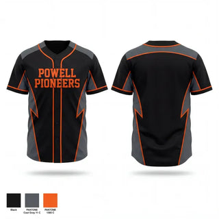 Full Button Baseball Jersey, Powell Pioneers, Baseball, Teamtime, Team time, sublimation, custom sports apparel, team uniforms, spirit wear, spiritwear, sports uniforms, custom shirts, team store, custom team store, fundraiser sports, apparel fundraiser