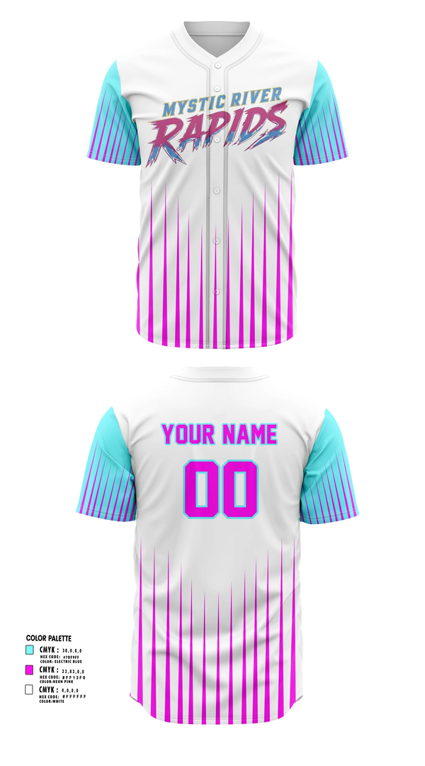 Full Button Baseball Jersey, Mystic River Rapids, Baseball, Teamtime, Team time, sublimation, custom sports apparel, team uniforms, spirit wear, spiritwear, sports uniforms, custom shirts, team store, custom team store, fundraiser sports, apparel fundraiser