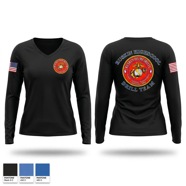 Womens Long Sleeve Vneck Shirt, Ruskin Highschool MCJROTC drill team, Marines, Teamtime, Team time, sublimation, custom sports apparel, team uniforms, spirit wear, spiritwear, sports uniforms, custom shirts, team store, custom team store, fundraiser sports, apparel fundraiser