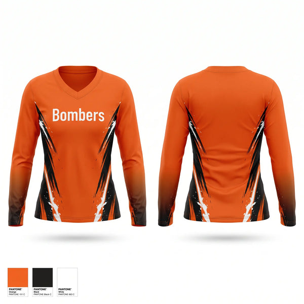 Womens Long Sleeve Vneck Shirt, Bombers, Softball, Teamtime, Team time, sublimation, custom sports apparel, team uniforms, spirit wear, spiritwear, sports uniforms, custom shirts, team store, custom team store, fundraiser sports, apparel fundraiser