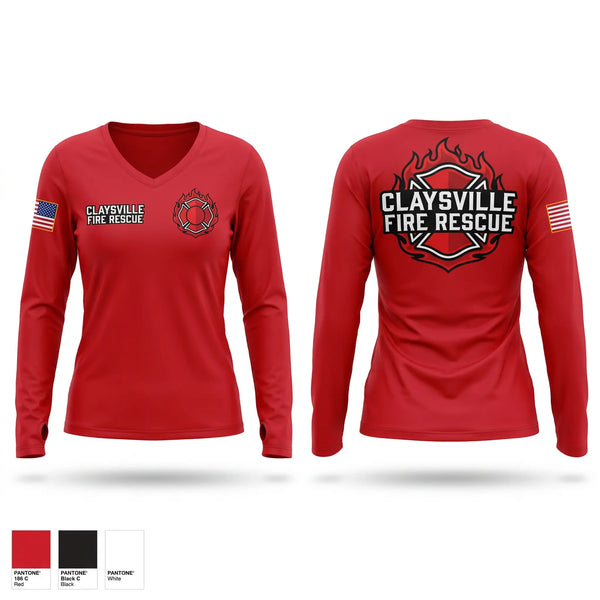 Womens Long Sleeve Vneck Shirt, Claysville Fire-Rescue, Fire Department, Teamtime, Team time, sublimation, custom sports apparel, team uniforms, spirit wear, spiritwear, sports uniforms, custom shirts, team store, custom team store, fundraiser sports, apparel fundraiser