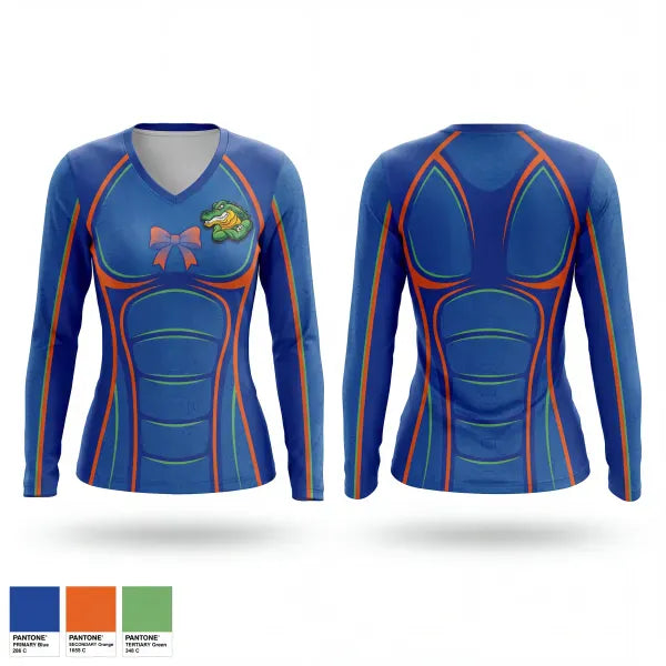 Womens Long Sleeve Vneck Shirt, Monticello Gators, Cheer, Teamtime, Team time, sublimation, custom sports apparel, team uniforms, spirit wear, spiritwear, sports uniforms, custom shirts, team store, custom team store, fundraiser sports, apparel fundraiser