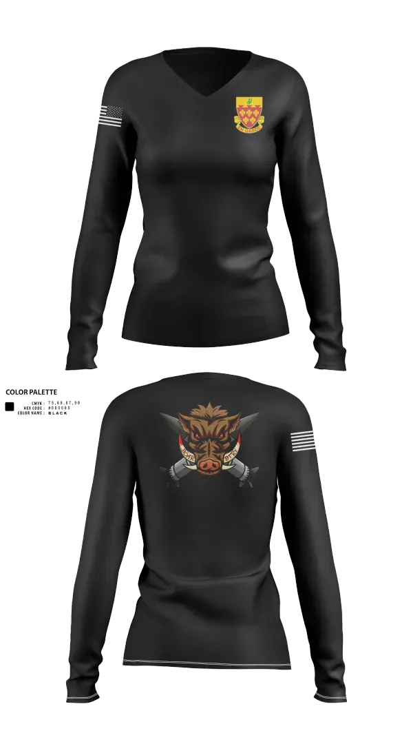 Womens Long Sleeve Vneck Shirt, 1-77 FA Bravo Btry, Army, Teamtime, Team time, sublimation, custom sports apparel, team uniforms, spirit wear, spiritwear, sports uniforms, custom shirts, team store, custom team store, fundraiser sports, apparel fundraiser