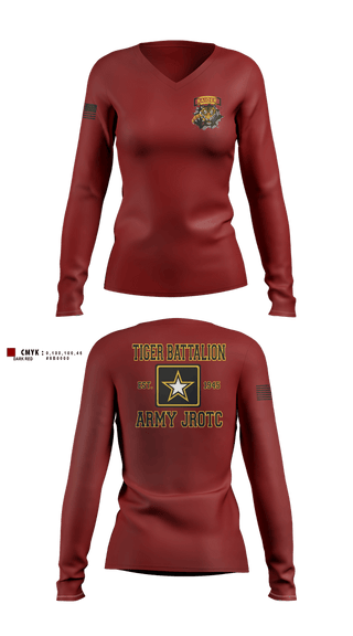 Womens Long Sleeve Vneck Shirt, Tiger Battalion, Army, Teamtime, Team time, sublimation, custom sports apparel, team uniforms, spirit wear, spiritwear, sports uniforms, custom shirts, team store, custom team store, fundraiser sports, apparel fundraiser