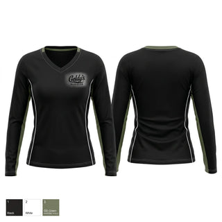 Womens Long Sleeve Vneck Shirt, Geldy’s Run Club, Cross Country, Teamtime, Team time, sublimation, custom sports apparel, team uniforms, spirit wear, spiritwear, sports uniforms, custom shirts, team store, custom team store, fundraiser sports, apparel fundraiser