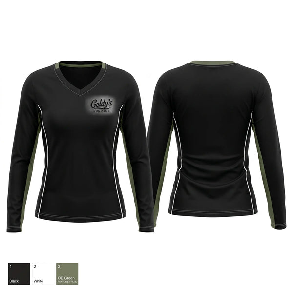 Womens Long Sleeve Vneck Shirt, Geldy’s Run Club, Cross Country, Teamtime, Team time, sublimation, custom sports apparel, team uniforms, spirit wear, spiritwear, sports uniforms, custom shirts, team store, custom team store, fundraiser sports, apparel fundraiser