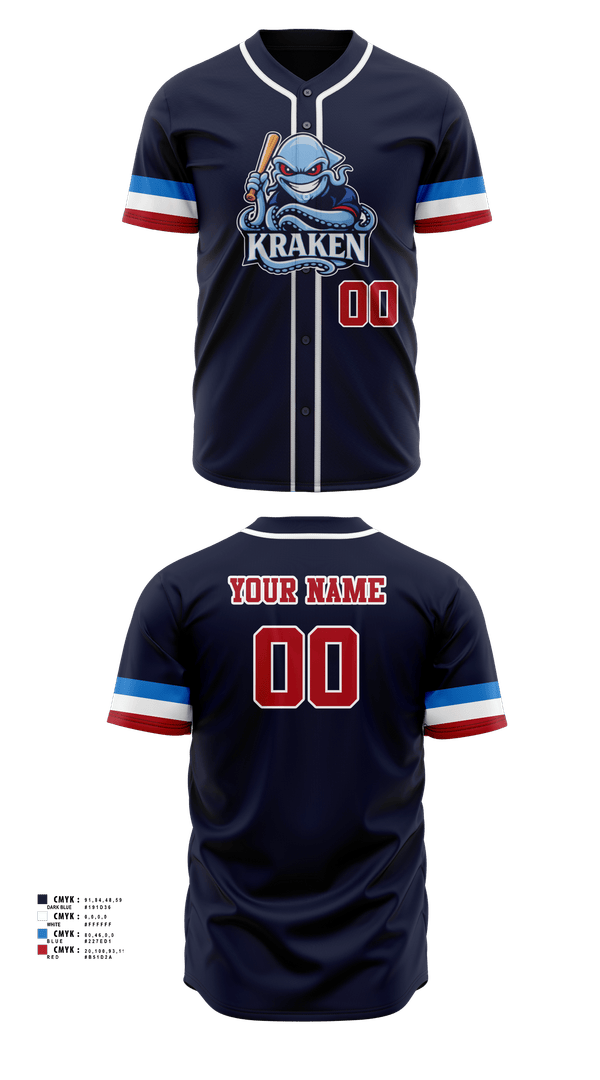 Full Button Baseball Jersey, Kraken, Baseball, Teamtime, Team time, sublimation, custom sports apparel, team uniforms, spirit wear, spiritwear, sports uniforms, custom shirts, team store, custom team store, fundraiser sports, apparel fundraiser