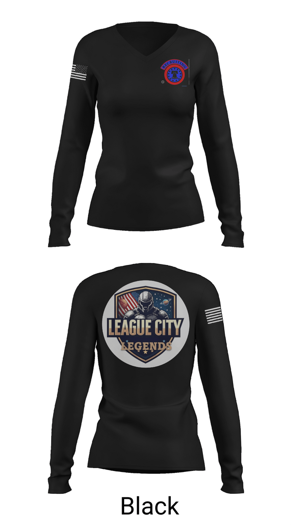 Womens Long Sleeve Vneck Shirt, LEAGUE CITY RECRUITING, Army, Teamtime, Team time, sublimation, custom sports apparel, team uniforms, spirit wear, spiritwear, sports uniforms, custom shirts, team store, custom team store, fundraiser sports, apparel fundraiser