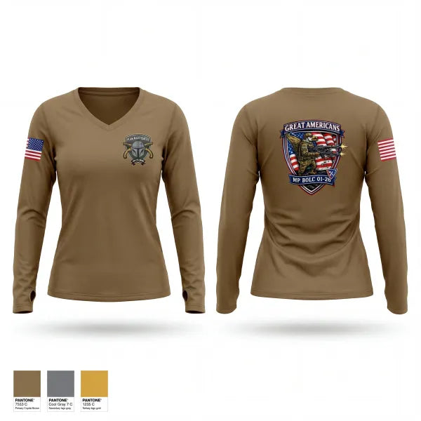 Womens Long Sleeve Vneck Shirt, 01-26 MP BOLC, Army, Teamtime, Team time, sublimation, custom sports apparel, team uniforms, spirit wear, spiritwear, sports uniforms, custom shirts, team store, custom team store, fundraiser sports, apparel fundraiser