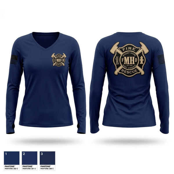 Womens Long Sleeve Vneck Shirt, Mount Hope Fire Department, Fire Department, Teamtime, Team time, sublimation, custom sports apparel, team uniforms, spirit wear, spiritwear, sports uniforms, custom shirts, team store, custom team store, fundraiser sports, apparel fundraiser