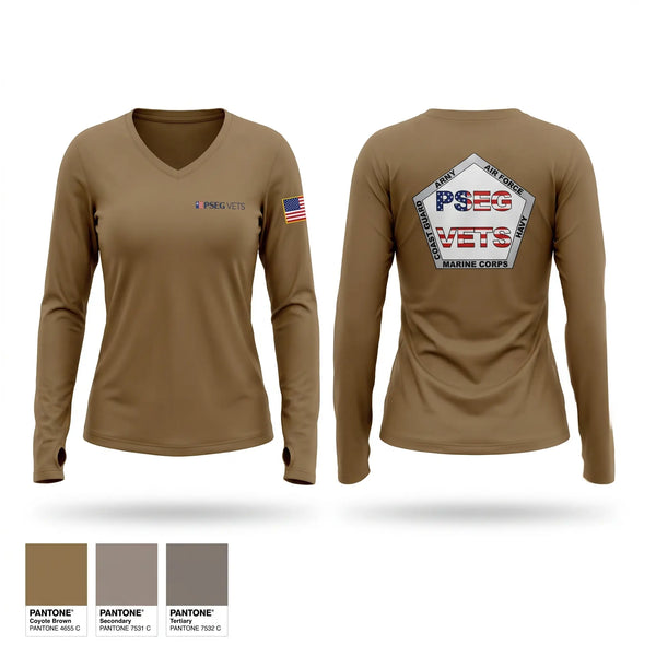 Womens Long Sleeve Vneck Shirt, PSEG VETS, Army, Teamtime, Team time, sublimation, custom sports apparel, team uniforms, spirit wear, spiritwear, sports uniforms, custom shirts, team store, custom team store, fundraiser sports, apparel fundraiser