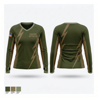 Womens Long Sleeve Vneck Shirt, Charger Battalion, Army, Teamtime, Team time, sublimation, custom sports apparel, team uniforms, spirit wear, spiritwear, sports uniforms, custom shirts, team store, custom team store, fundraiser sports, apparel fundraiser