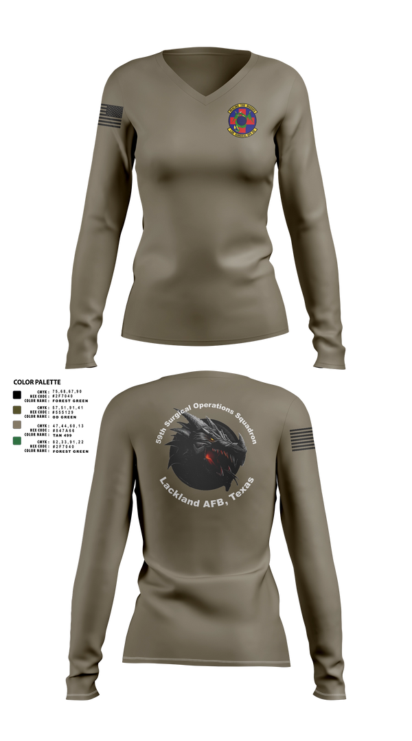 Womens Long Sleeve Vneck Shirt, 59th Surgical Operations Squadron, Air Force, Teamtime, Team time, sublimation, custom sports apparel, team uniforms, spirit wear, spiritwear, sports uniforms, custom shirts, team store, custom team store, fundraiser sports, apparel fundraiser