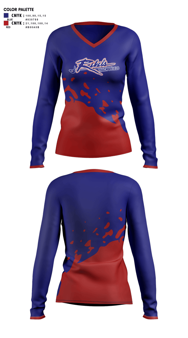 Womens Long Sleeve Vneck Shirt, Byrnes Rebels Track & Field, Track & Field, Teamtime, Team time, sublimation, custom sports apparel, team uniforms, spirit wear, spiritwear, sports uniforms, custom shirts, team store, custom team store, fundraiser sports, apparel fundraiser