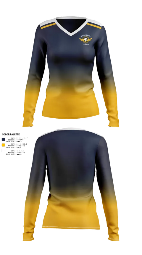 Womens Long Sleeve Vneck Shirt, Saddle Brook Tennis, Tennis, Teamtime, Team time, sublimation, custom sports apparel, team uniforms, spirit wear, spiritwear, sports uniforms, custom shirts, team store, custom team store, fundraiser sports, apparel fundraiser