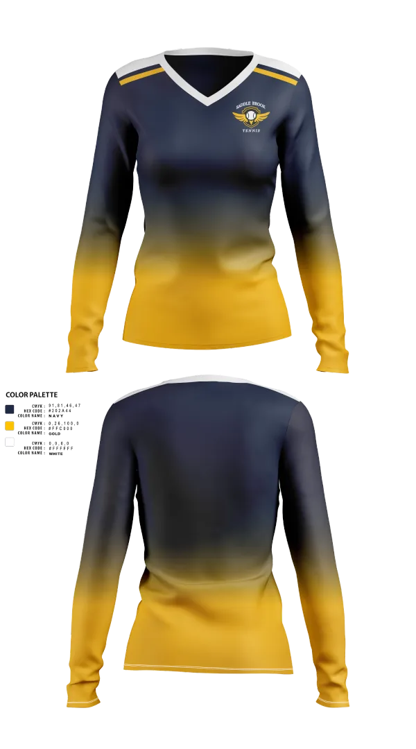 Womens Long Sleeve Vneck Shirt, Saddle Brook Tennis, Tennis, Teamtime, Team time, sublimation, custom sports apparel, team uniforms, spirit wear, spiritwear, sports uniforms, custom shirts, team store, custom team store, fundraiser sports, apparel fundraiser