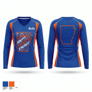 Womens Long Sleeve Vneck Shirt, Bulls, Baseball, Teamtime, Team time, sublimation, custom sports apparel, team uniforms, spirit wear, spiritwear, sports uniforms, custom shirts, team store, custom team store, fundraiser sports, apparel fundraiser