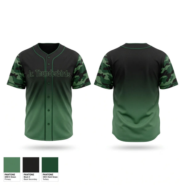 Full Button Baseball Jersey, Jr. Thunderbirds, Baseball, Teamtime, Team time, sublimation, custom sports apparel, team uniforms, spirit wear, spiritwear, sports uniforms, custom shirts, team store, custom team store, fundraiser sports, apparel fundraiser
