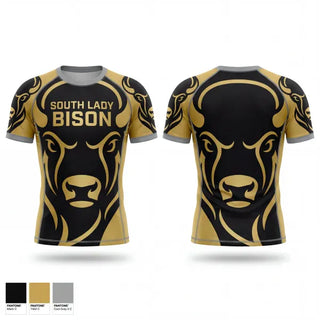 Short Sleeve Rash Guard Shirt, South lady bison, Wrestling, Teamtime, Team time, sublimation, custom sports apparel, team uniforms, spirit wear, spiritwear, sports uniforms, custom shirts, team store, custom team store, fundraiser sports, apparel fundraiser