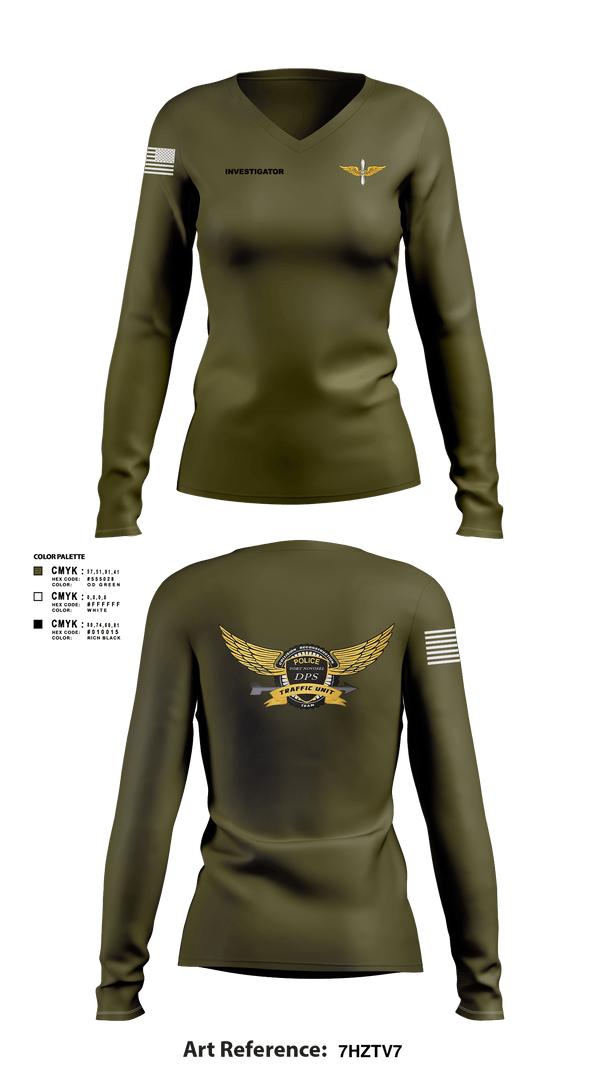 Women's Long Sleeve Vneck Shirt, Investigator, Army, Teamtime, Team time, sublimation, custom sports apparel, team uniforms, spirit wear, spiritwear, sports uniforms, custom shirts, team store, custom team store, fundraiser sports, apparel fundraiser