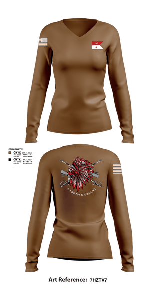 Women's Long Sleeve Vneck Shirt, Apache Troop 1-150th, Army, Teamtime, Team time, sublimation, custom sports apparel, team uniforms, spirit wear, spiritwear, sports uniforms, custom shirts, team store, custom team store, fundraiser sports, apparel fundraiser