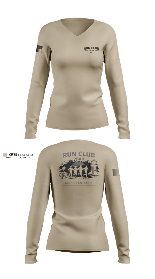 Womens Long Sleeve Vneck Shirt, RUN CLUB (PSAB), Air Force, Teamtime, Team time, sublimation, custom sports apparel, team uniforms, spirit wear, spiritwear, sports uniforms, custom shirts, team store, custom team store, fundraiser sports, apparel fundraiser