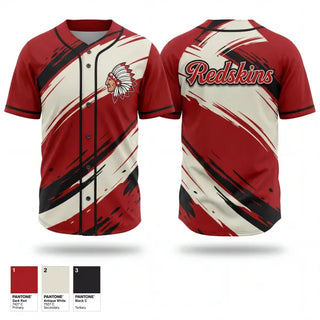 Full Button Baseball Jersey, Kingston Redskins, Baseball, Teamtime, Team time, sublimation, custom sports apparel, team uniforms, spirit wear, spiritwear, sports uniforms, custom shirts, team store, custom team store, fundraiser sports, apparel fundraiser
