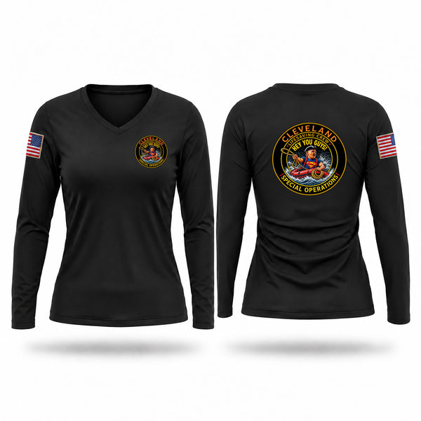 Womens Long Sleeve Vneck Shirt, Cleveland life saving crew, EMS/EMT, Teamtime, Team time, sublimation, custom sports apparel, team uniforms, spirit wear, spiritwear, sports uniforms, custom shirts, team store, custom team store, fundraiser sports, apparel fundraiser
